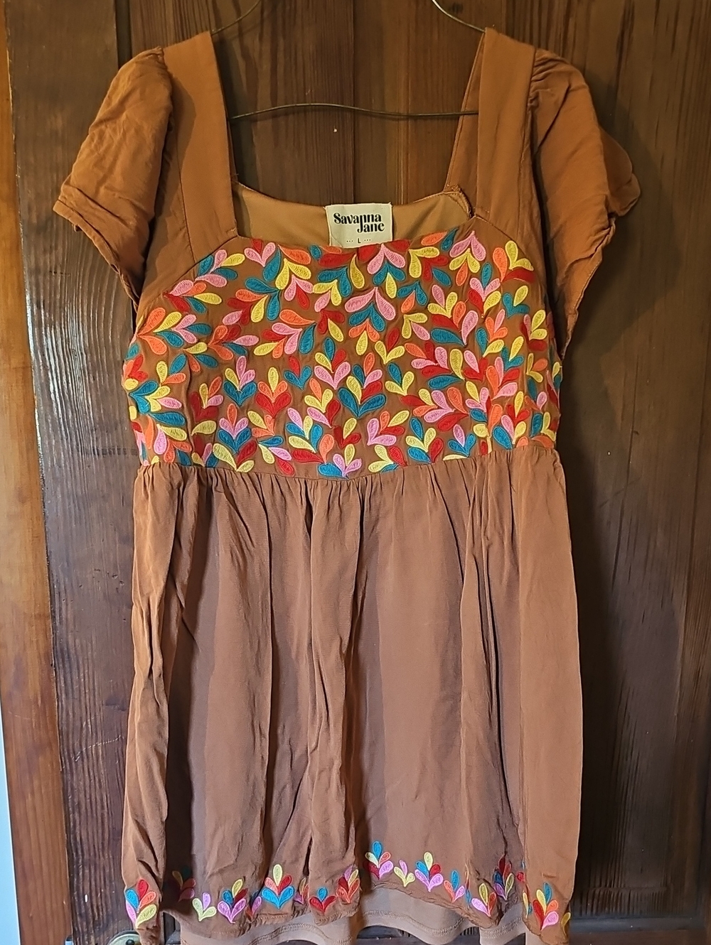 Savanna Jane Brown Dress with Multicolor Embroidered Leaves- Large